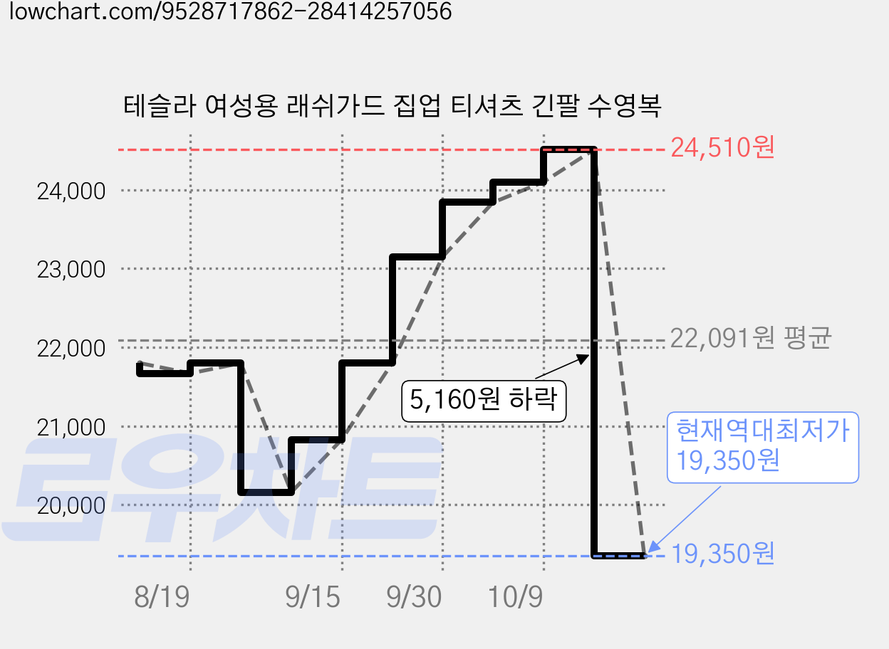 테슬라 여성용 래쉬가드 집업 티셔츠 긴팔 수영복 가격 변동 차트, 현재가 19,350원, 역대최저가