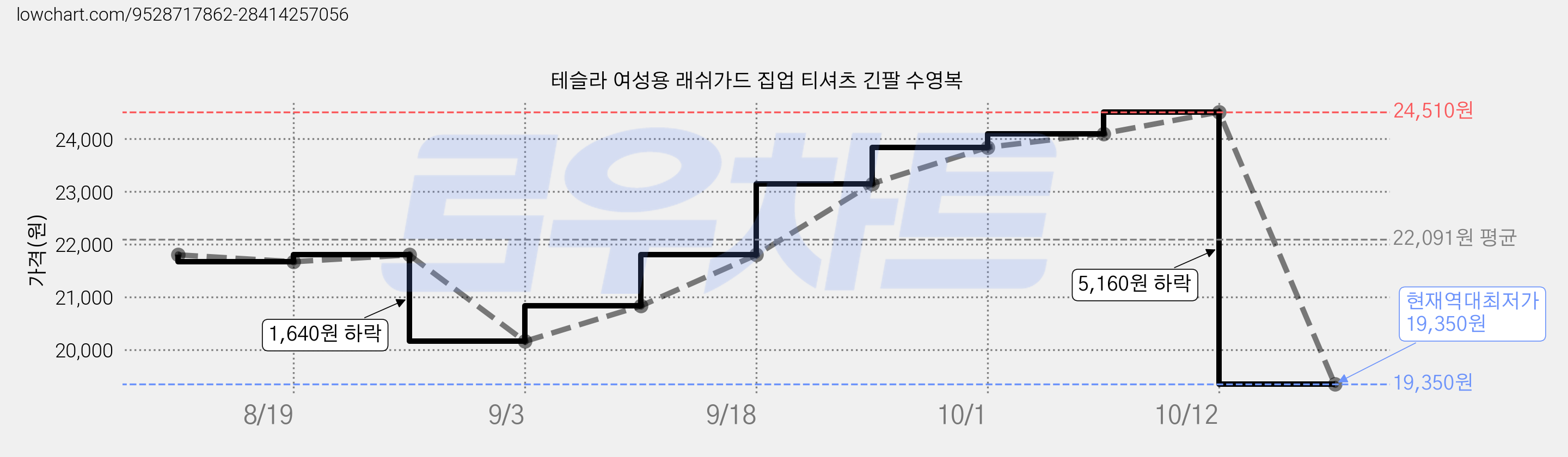 테슬라 여성용 래쉬가드 집업 티셔츠 긴팔 수영복 가격 변동 차트, 현재가 19,350원, 역대최저가