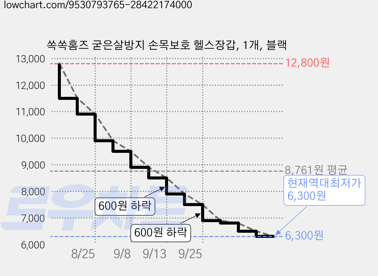 쏙쏙홈즈 굳은살방지 손목보호 헬스장갑, 1개, 블랙 가격 변동 차트, 현재가 6,300원, 역대최저가