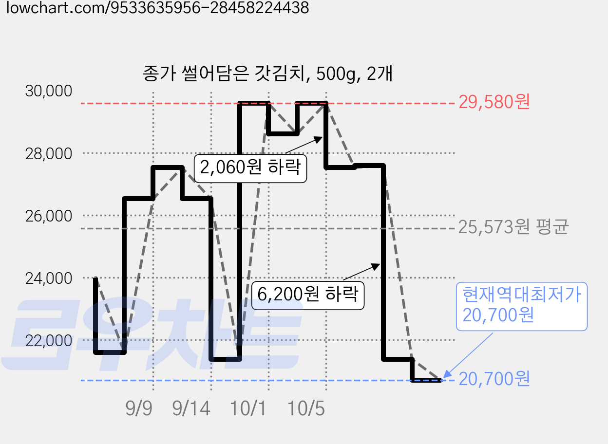 종가 썰어담은 갓김치, 500g, 2개 가격 변동 차트, 현재가 20,700원, 역대최저가