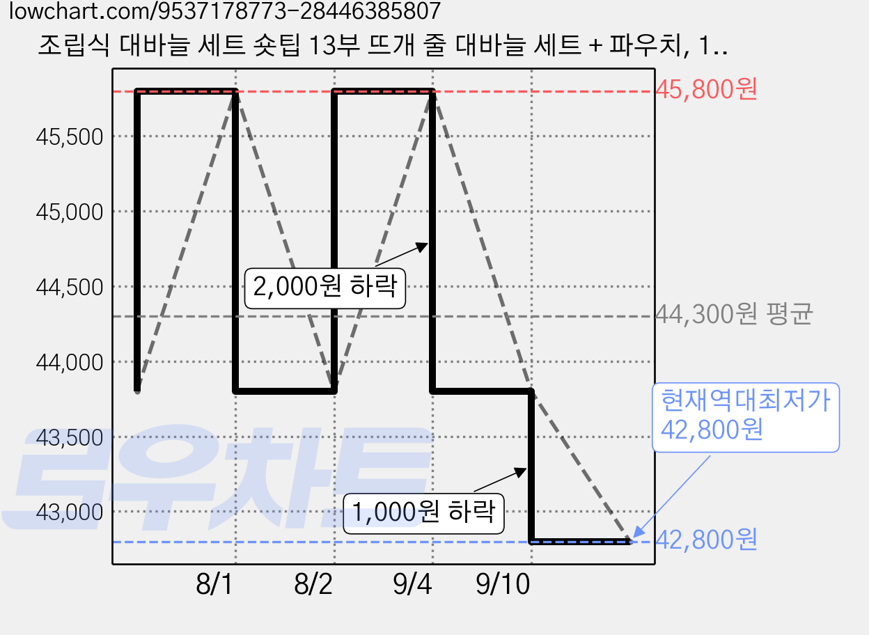 조립식 대바늘 세트 숏팁 13부 뜨개 줄 대바늘 세트 + 파우치, 1세트 가격 변동 차트, 현재가 42,800원, 역대최저가