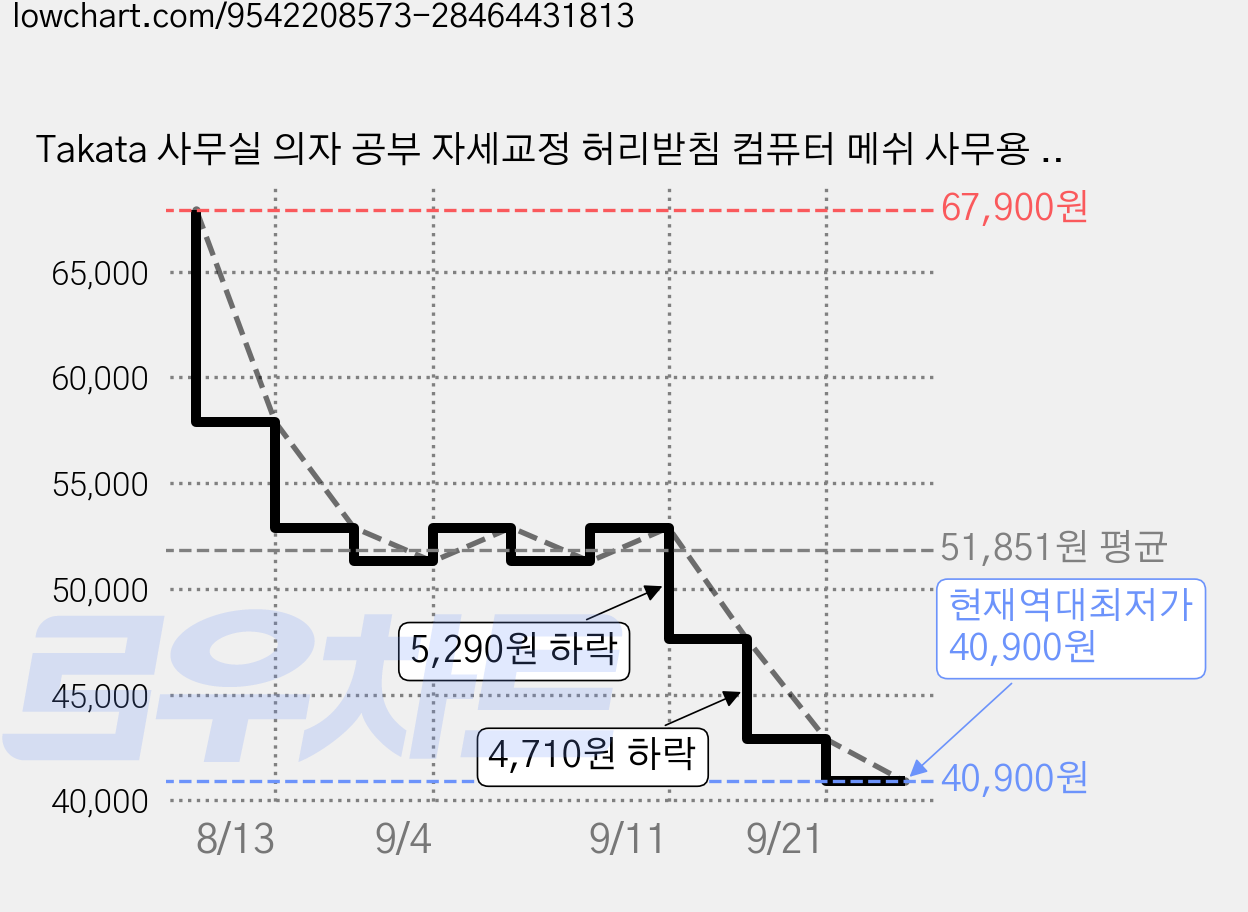 Takata 사무실 의자 공부 자세교정 허리받침 컴퓨터 메쉬 사무용 의자 WY10, 블랙 가격 변동 차트, 현재가 40,900원, 역대최저가