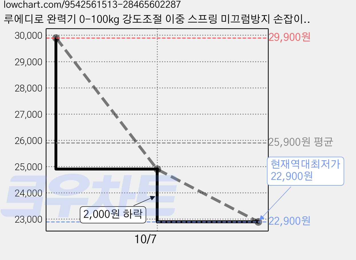 루에디로 완력기 0-100kg 강도조절 이중 스프링 미끄럼방지 손잡이, 1개, 그레이 블랙 가격 변동 차트, 현재가 22,900원, 역대최저가