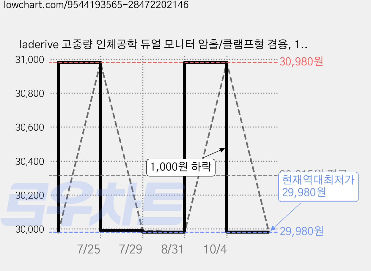 laderive 고중량 인체공학 듀얼 모니터 암홀/클램프형 겸용, 1개, 블랙 가격 변동 차트, 현재가 29,980원, 역대최저가