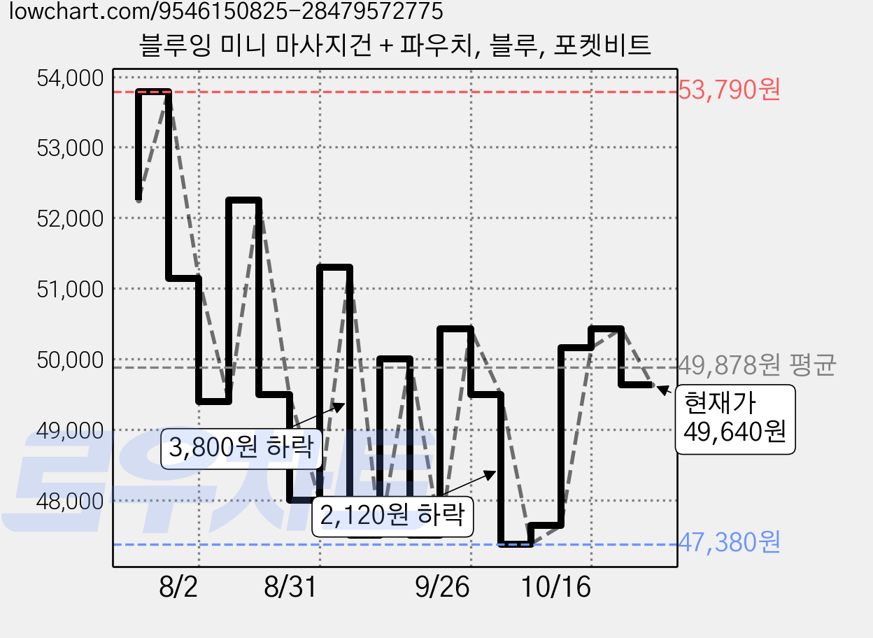블루잉 미니 마사지건 + 파우치, 블루, 포켓비트 가격 변동 차트, 현재가 49,640원, 관측 최저가 47,380원