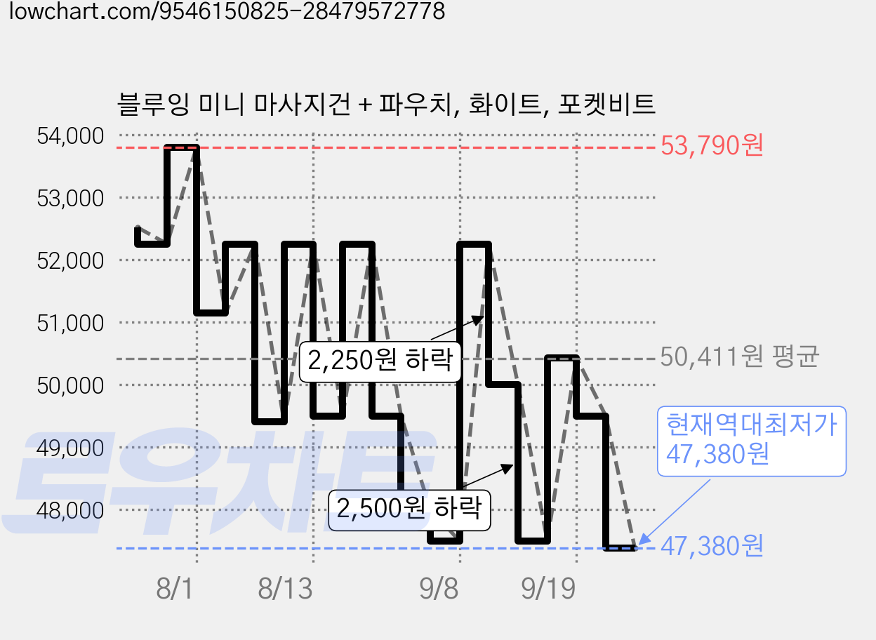 블루잉 미니 마사지건 + 파우치, 화이트, 포켓비트 가격 변동 차트, 현재가 47,380원, 역대최저가