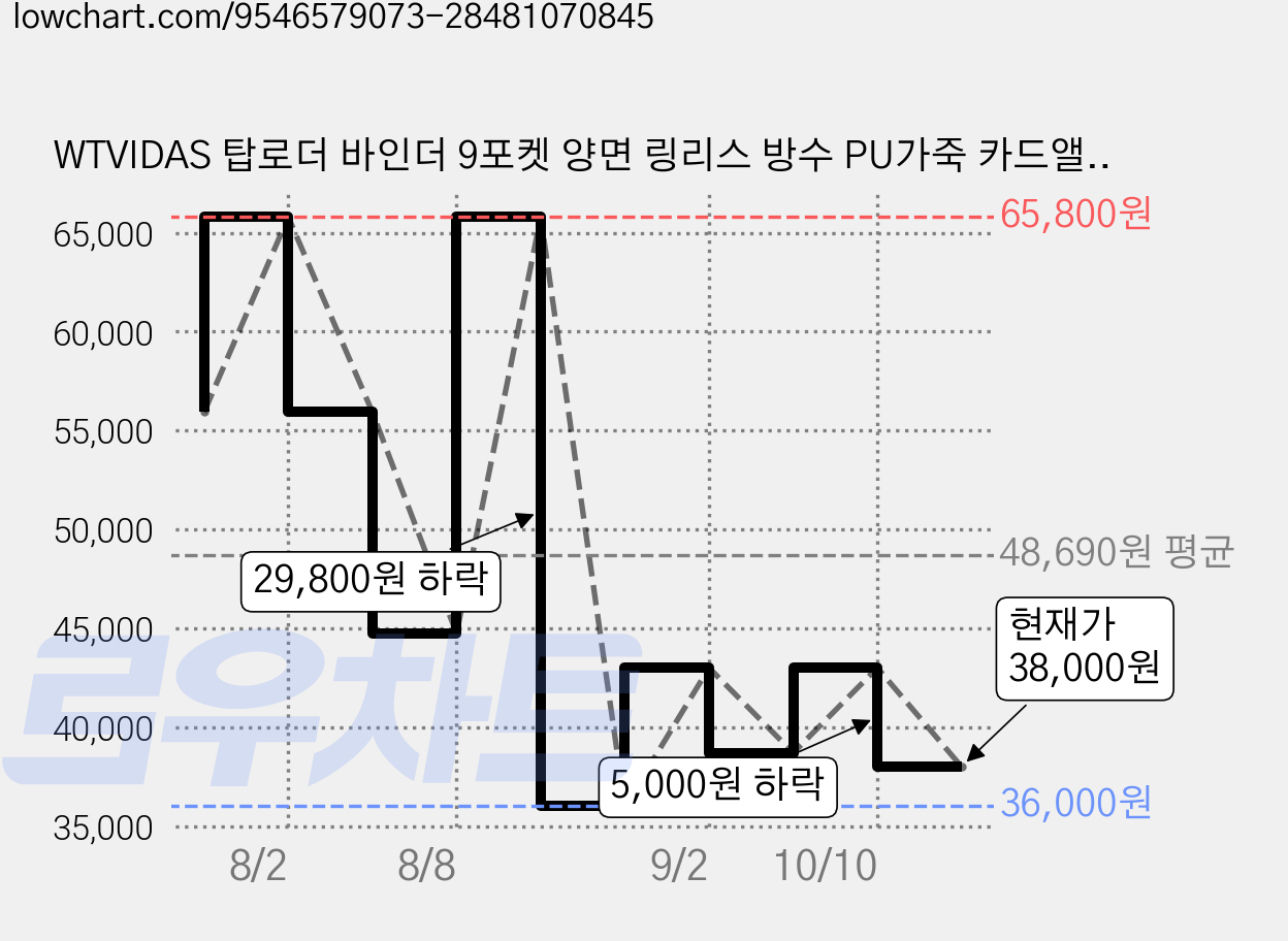 WTVIDAS 탑로더 바인더 9포켓 양면 링리스 방수 PU가죽 카드앨범 원피스 캐릭터 MTG TCG 카드 최대 288장 수집 가능, 16매, 파란색 가격 변동 차트, 현재가 38,000원, 관측 최저가 36,000원