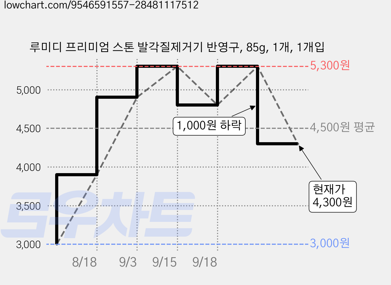 루미디 프리미엄 스톤 발각질제거기 반영구, 85g, 1개, 1개입 가격 변동 차트, 현재가 4,300원, 관측 최저가 3,000원