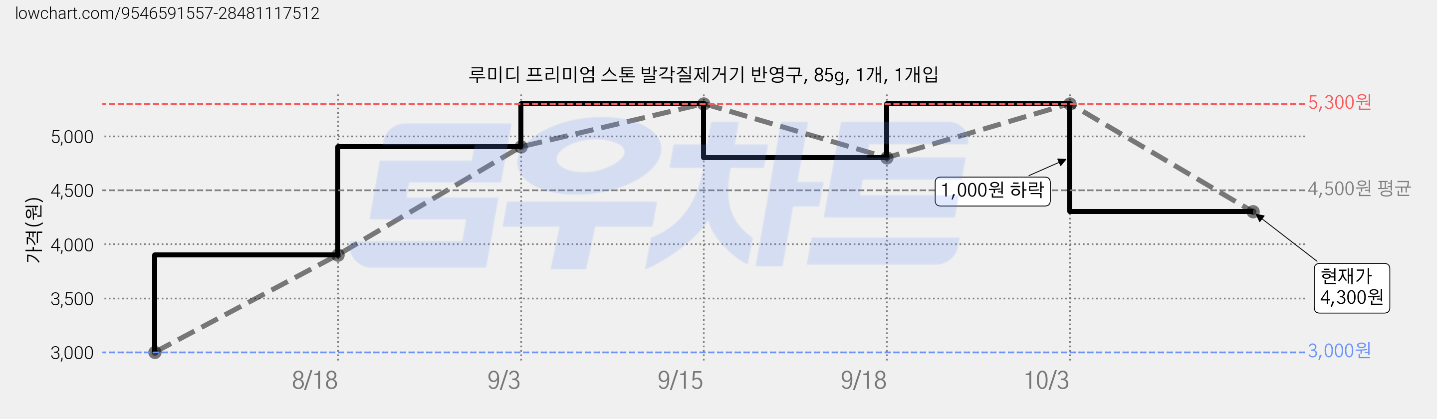 루미디 프리미엄 스톤 발각질제거기 반영구, 85g, 1개, 1개입 가격 변동 차트, 현재가 4,300원, 관측 최저가 3,000원