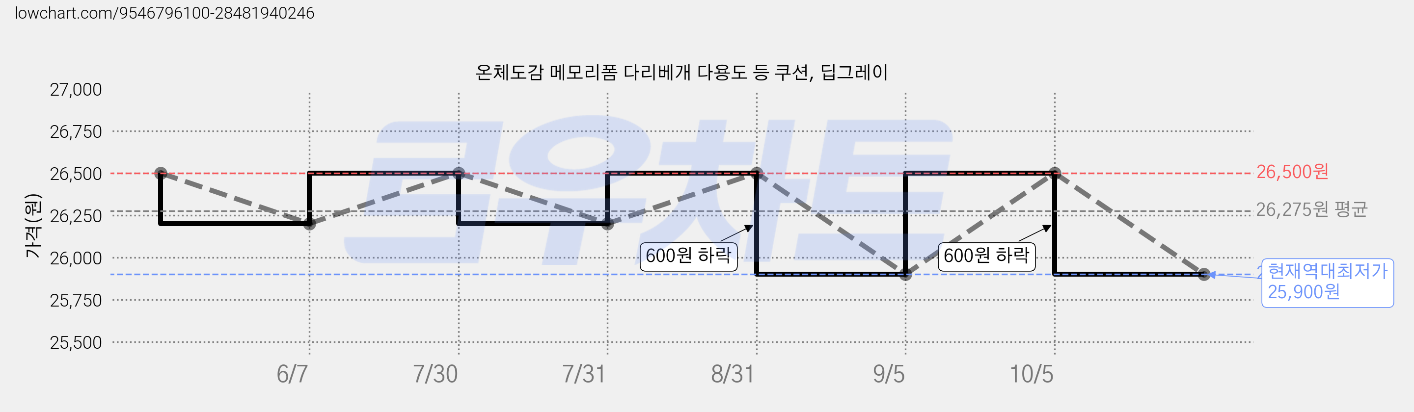 온체도감 메모리폼 다리베개 다용도 등 쿠션, 딥그레이 가격 변동 차트, 현재가 25,900원, 역대최저가
