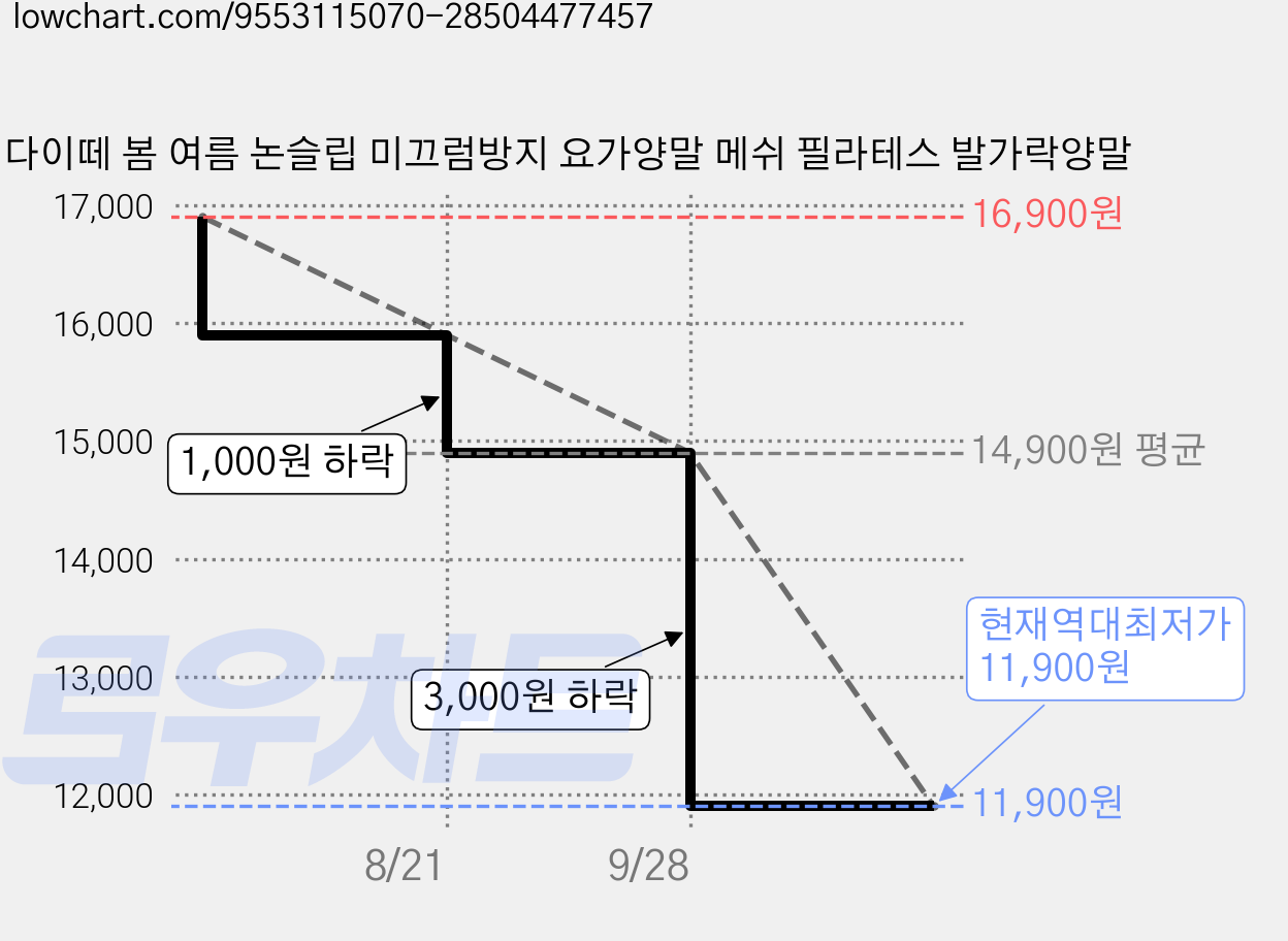 다이떼 봄 여름 논슬립 미끄럼방지 요가양말 메쉬 필라테스 발가락양말 가격 변동 차트, 현재가 11,900원, 역대최저가