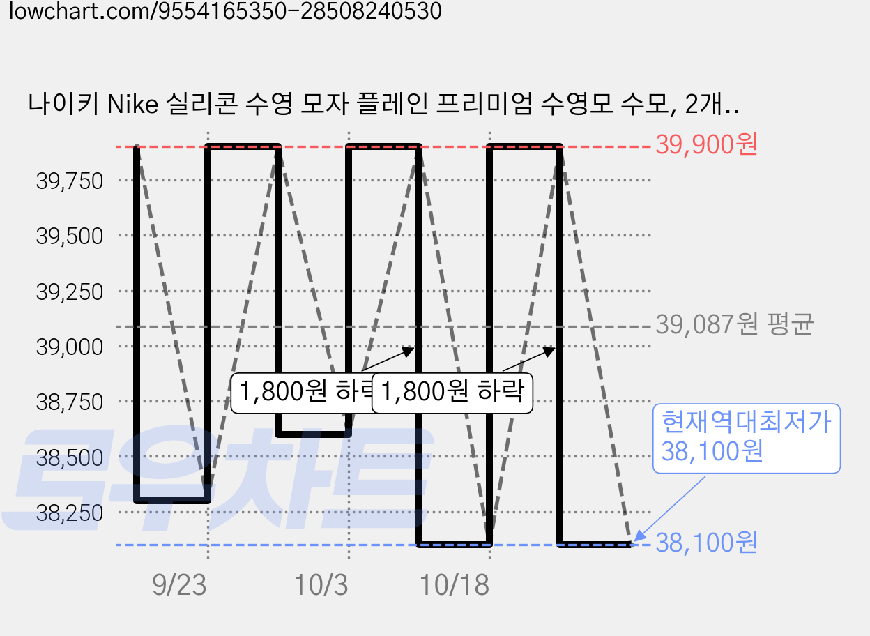 나이키 Nike 실리콘 수영 모자 플레인 프리미엄 수영모 수모, 2개, 화이트 가격 변동 차트, 현재가 38,100원, 역대최저가