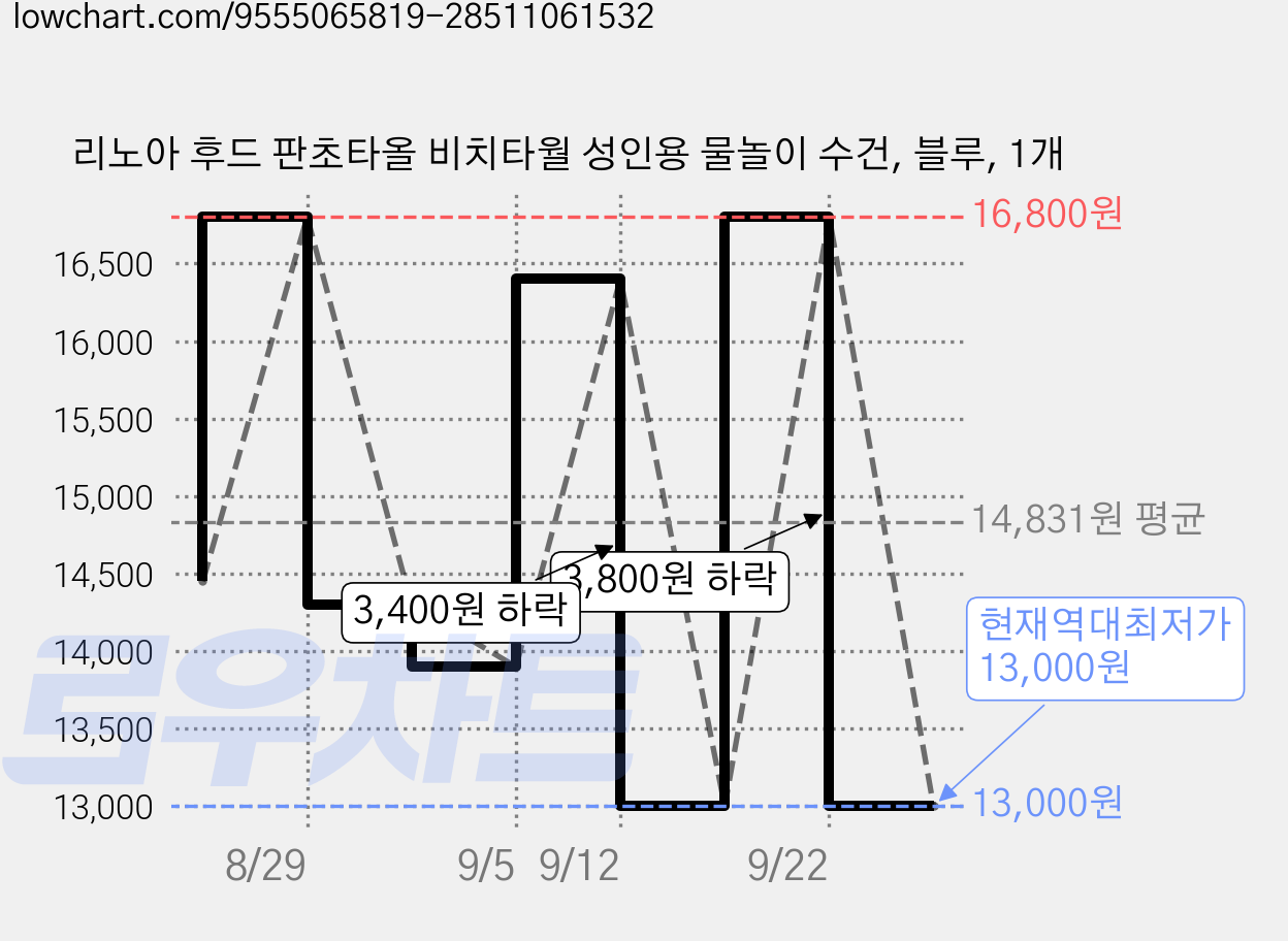 리노아 후드 판초타올 비치타월 성인용 물놀이 수건, 블루, 1개 가격 변동 차트, 현재가 13,000원, 역대최저가