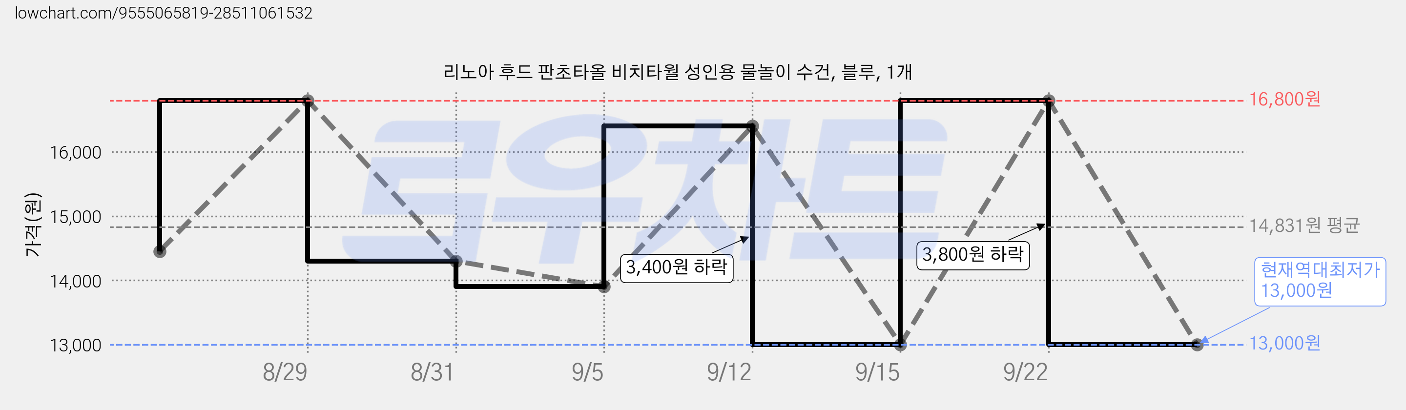 리노아 후드 판초타올 비치타월 성인용 물놀이 수건, 블루, 1개 가격 변동 차트, 현재가 13,000원, 역대최저가