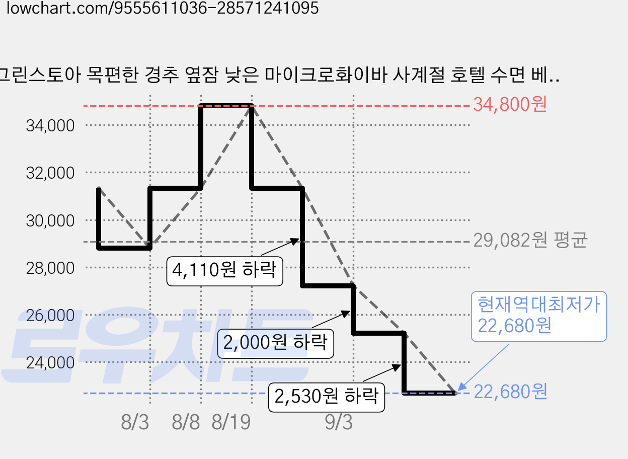그린스토아 목편한 경추 옆잠 낮은 마이크로화이바 사계절 호텔 수면 베개, 2개, 화이트 가격 변동 차트, 현재가 22,680원, 역대최저가