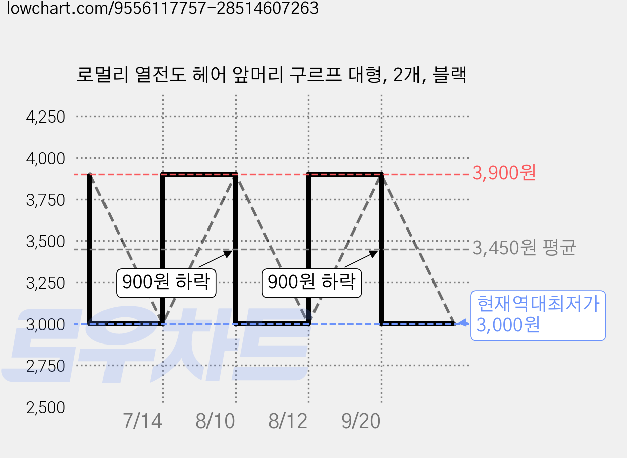 로멀리 열전도 헤어 앞머리 구르프 대형, 2개, 블랙 가격 변동 차트, 현재가 3,000원, 역대최저가