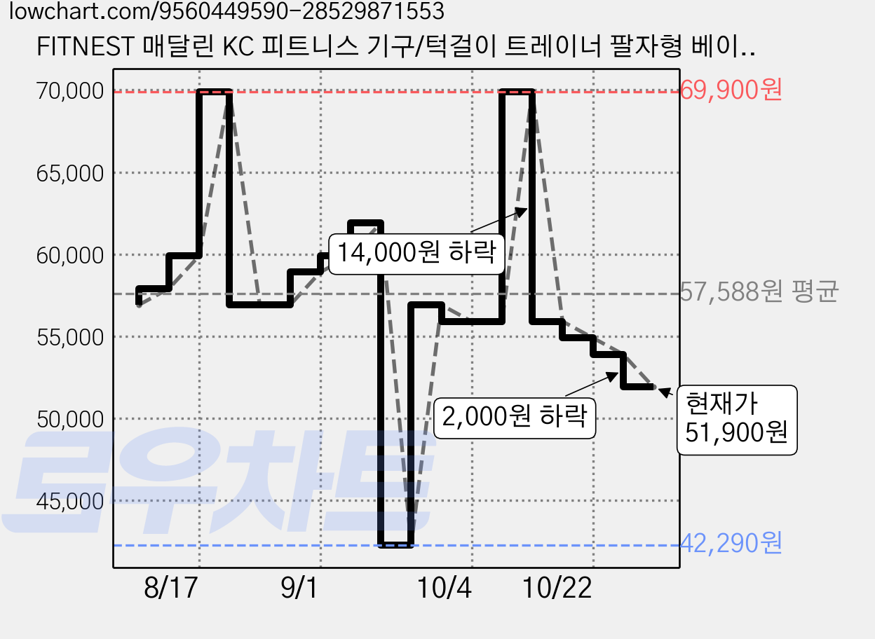 FITNEST 매달린 KC 피트니스 기구/턱걸이 트레이너 팔자형 베이스는 높고 11단 높이 조절이 가능하며 입니다 하중 150kg 다기능 능력 훈련기 턱걸이, HYTXS-XD 가격 변동 차트, 현재가 51,900원, 관측 최저가 38,640원