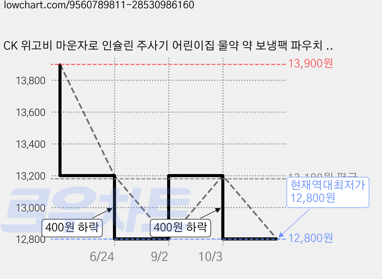 CK 위고비 마운자로 인슐린 주사기 어린이집 물약 약 보냉팩 파우치 (아이스팩 포함), 모던 블랙 가격 변동 차트, 현재가 12,800원, 역대최저가