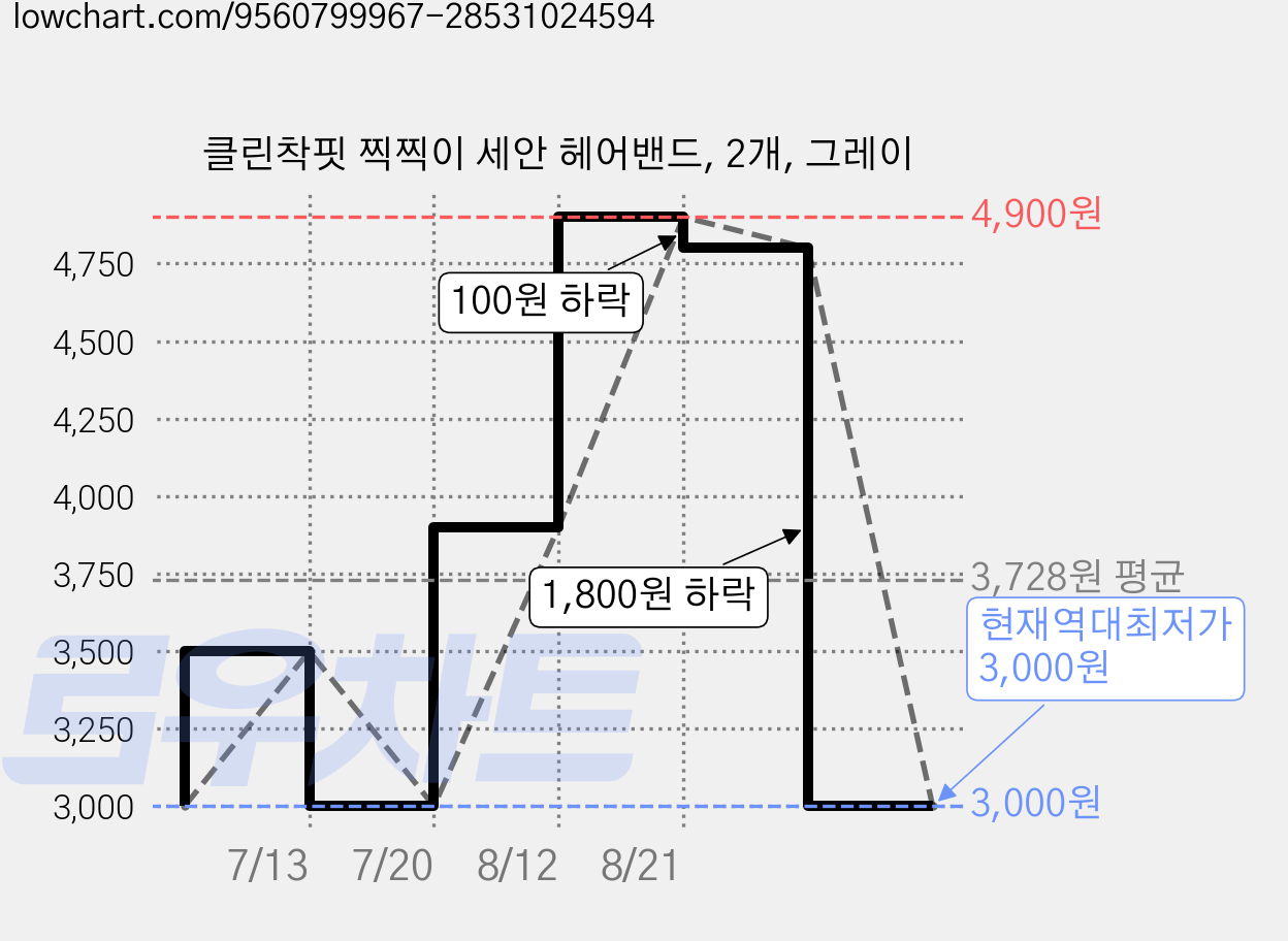클린착핏 찍찍이 세안 헤어밴드, 2개, 그레이 가격 변동 차트, 현재가 3,000원, 역대최저가
