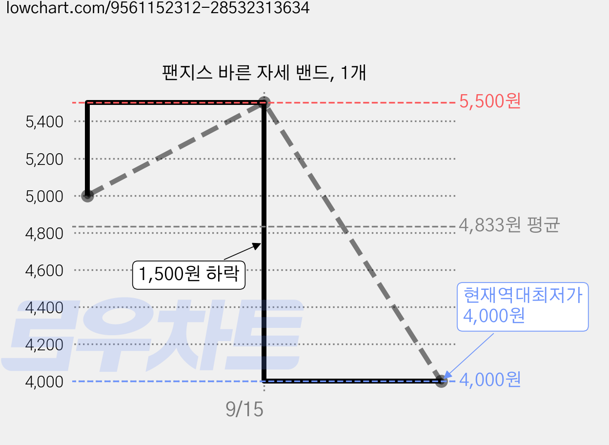 팬지스 바른 자세 밴드, 1개 가격 변동 차트, 현재가 4,000원, 역대최저가