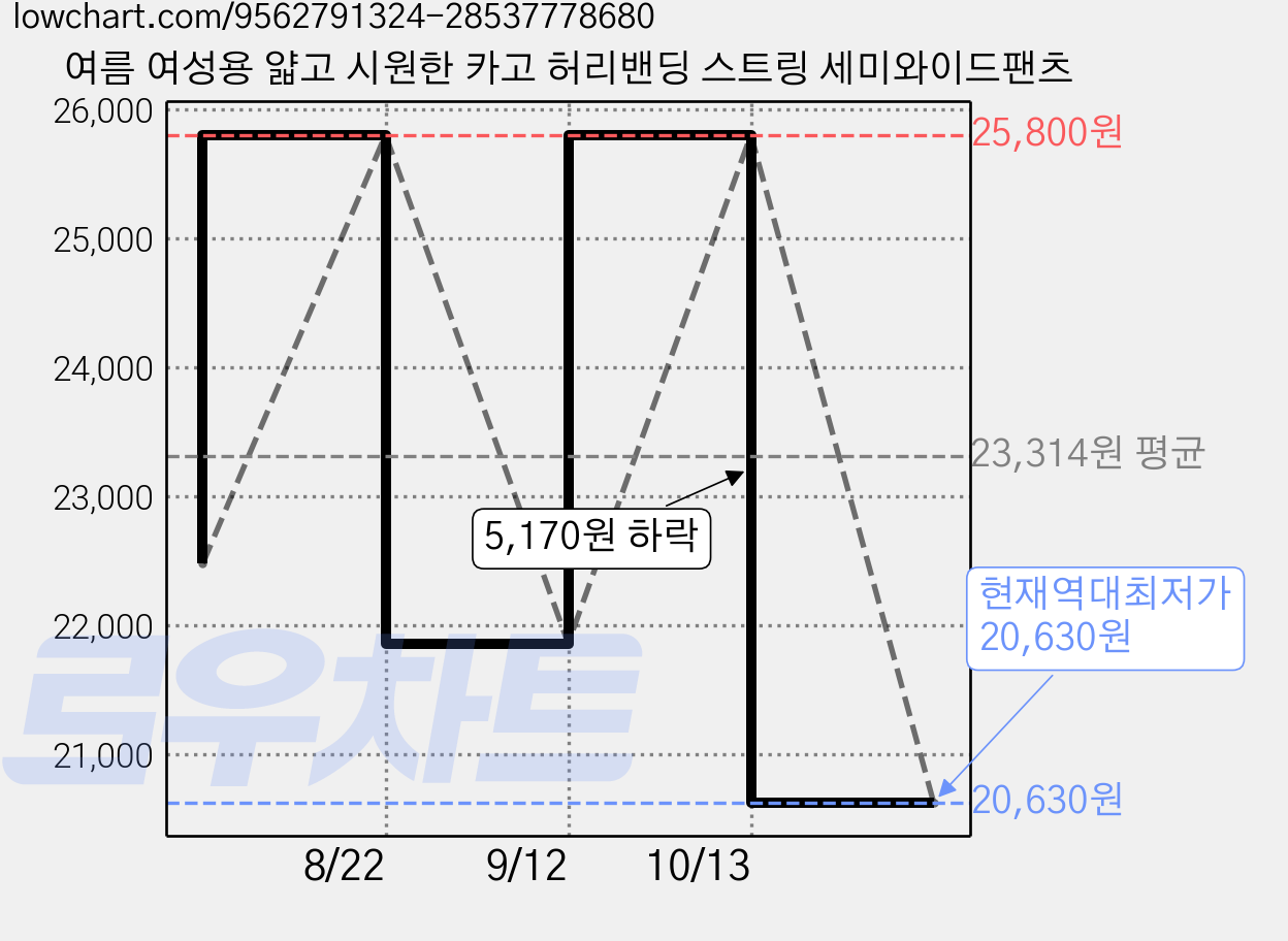 여름 여성용 얇고 시원한 카고 허리밴딩 스트링 세미와이드팬츠 가격 변동 차트, 현재가 20,630원, 역대최저가