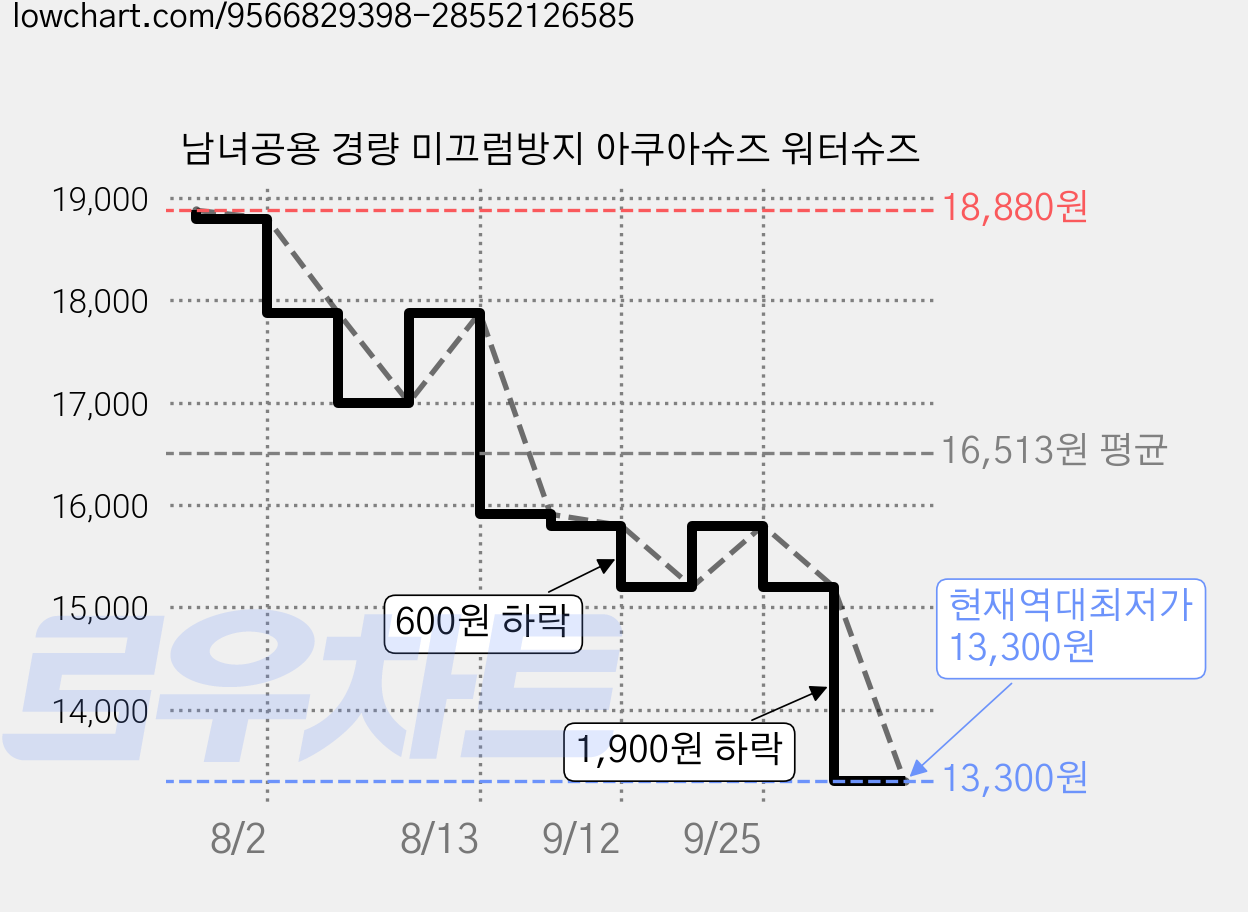 남녀공용 경량 미끄럼방지 아쿠아슈즈 워터슈즈 가격 변동 차트, 현재가 13,300원, 역대최저가