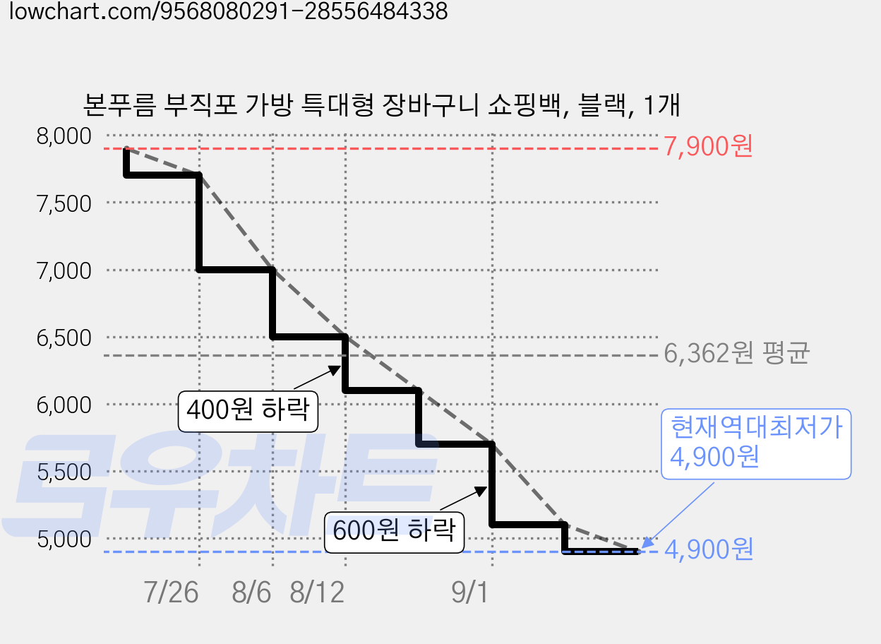 본푸름 부직포 가방 특대형 장바구니 쇼핑백, 블랙, 1개 가격 변동 차트, 현재가 4,900원, 역대최저가