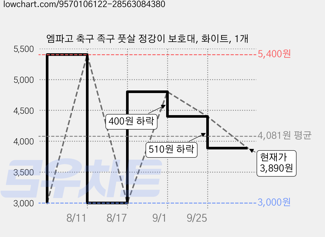 엠파고 축구 족구 풋살 정강이 보호대, 화이트, 1개 가격 변동 차트, 현재가 3,890원, 관측 최저가 3,000원