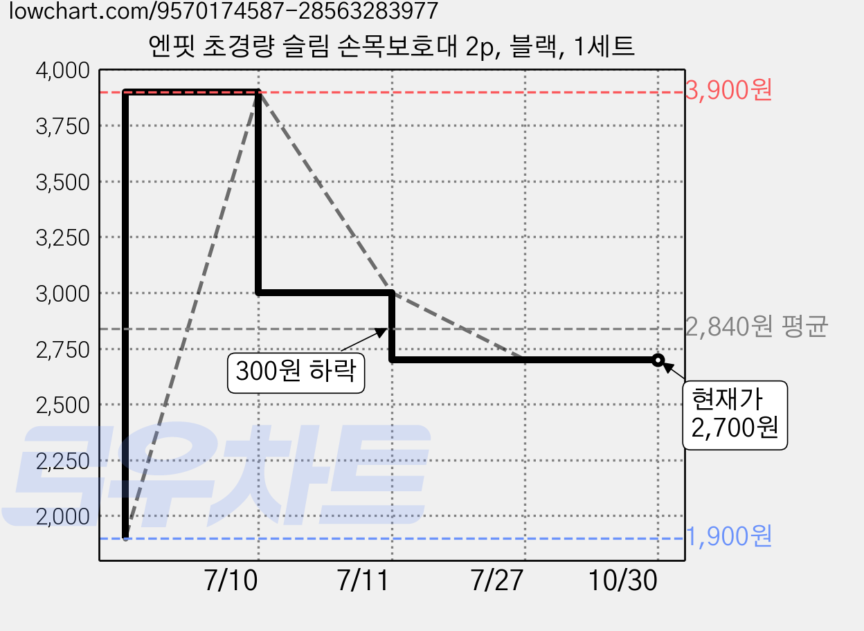 엔핏 초경량 슬림 손목보호대 2p, 블랙, 1세트 가격 변동 차트, 현재가 2,700원, 관측 최저가 1,900원