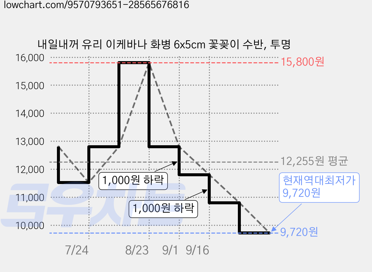 내일내꺼 유리 이케바나 화병 6x5cm 꽃꽂이 수반, 투명 가격 변동 차트, 현재가 9,720원, 역대최저가
