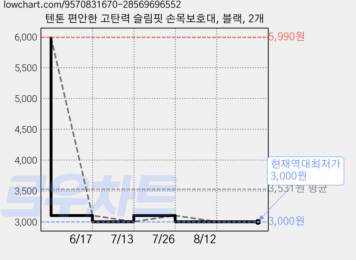 텐톤 편안한 고탄력 슬림핏 손목보호대, 블랙, 2개 가격 변동 차트, 현재가 3,000원, 역대최저가