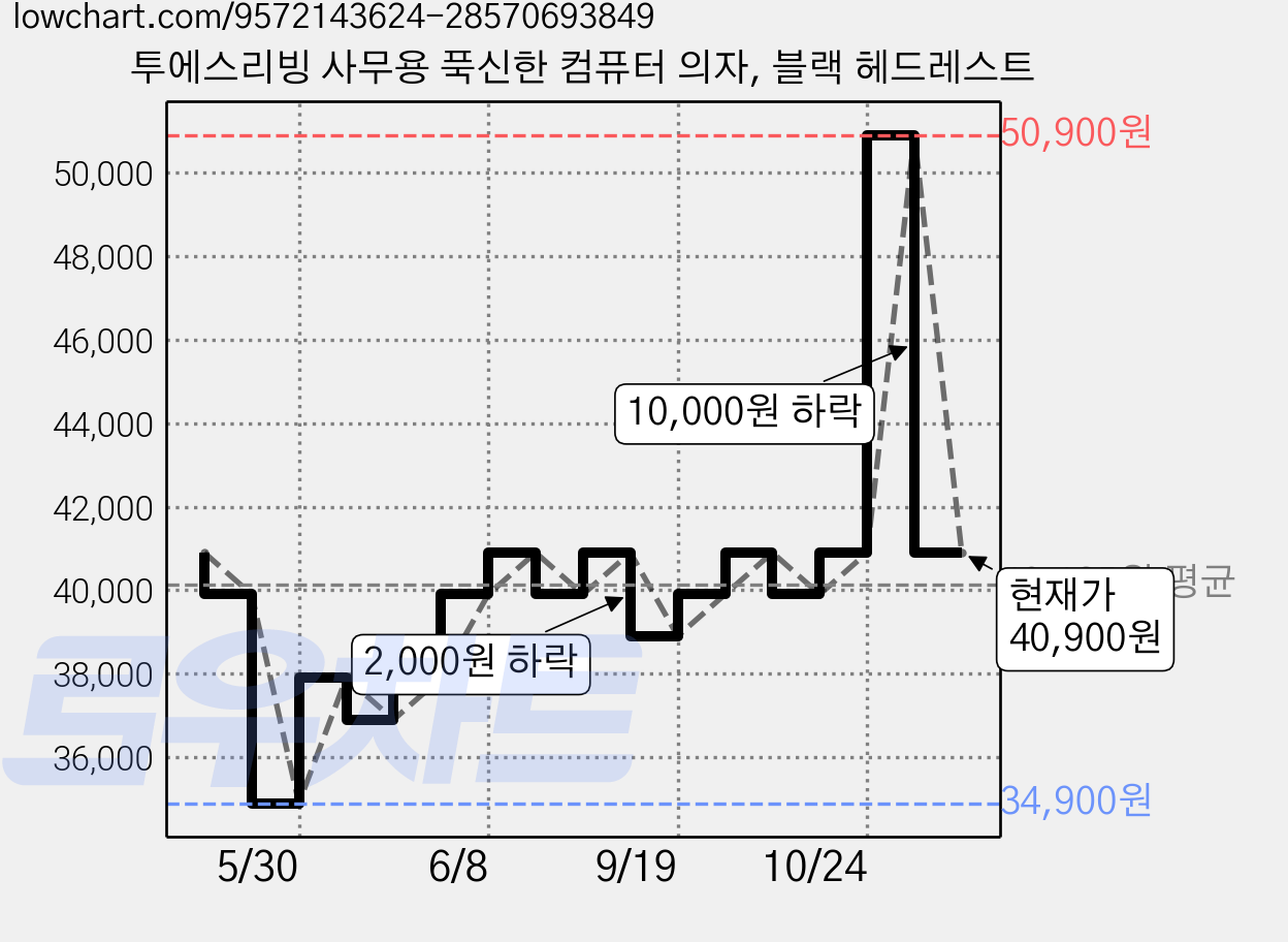 투에스리빙 사무용 푹신한 컴퓨터 의자, 블랙 헤드레스트 가격 변동 차트, 현재가 40,900원, 관측 최저가 34,900원