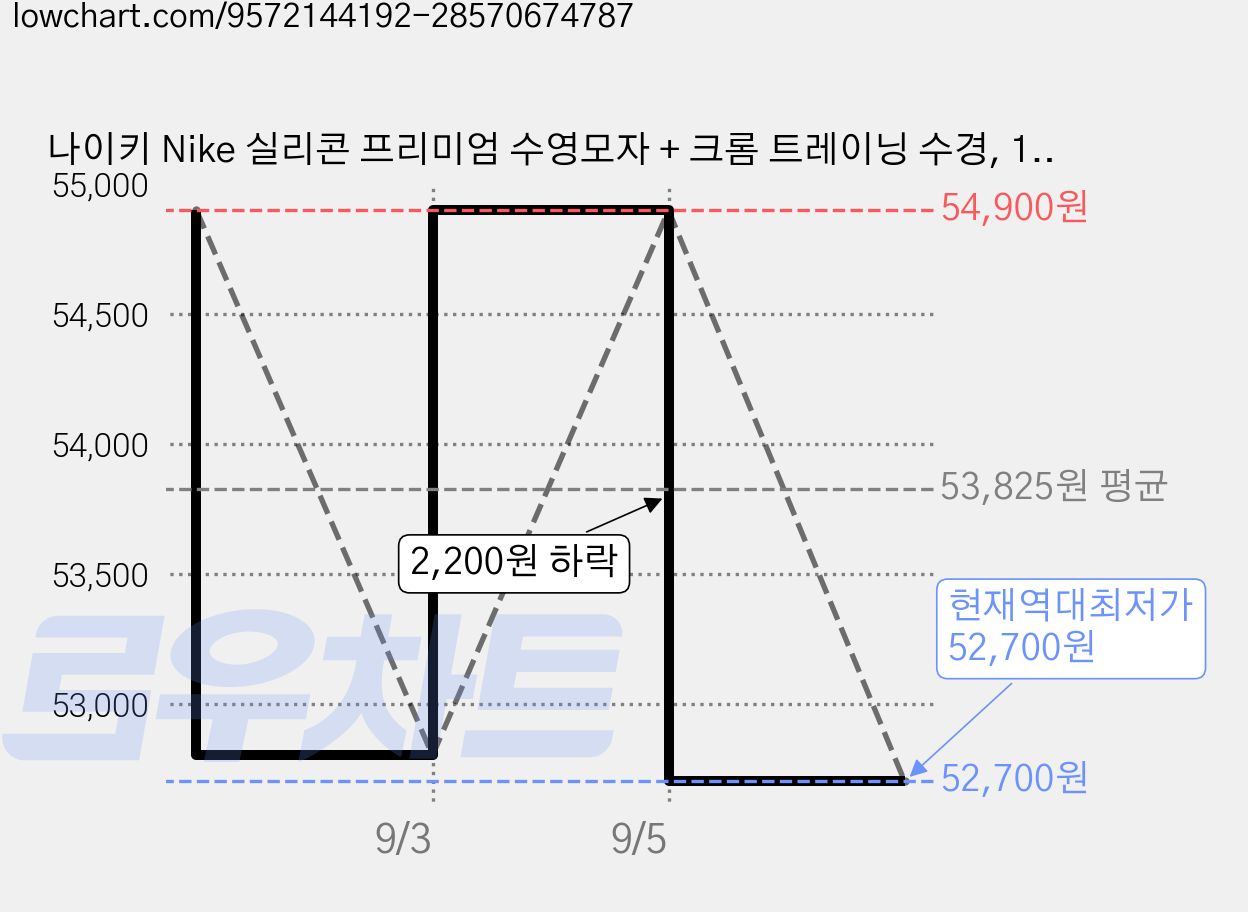 나이키 Nike 실리콘 프리미엄 수영모자 + 크롬 트레이닝 수경, 1세트, 블랙 수모 + 수경 가격 변동 차트, 현재가 52,700원, 역대최저가