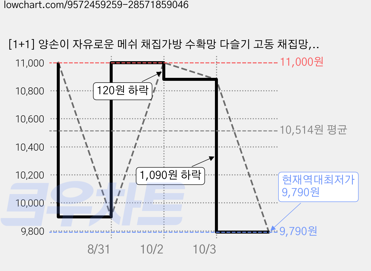 [1+1] 양손이 자유로운 메쉬 채집가방 수확망 다슬기 고동 채집망, 1세트, 블랙 가격 변동 차트, 현재가 9,790원, 역대최저가