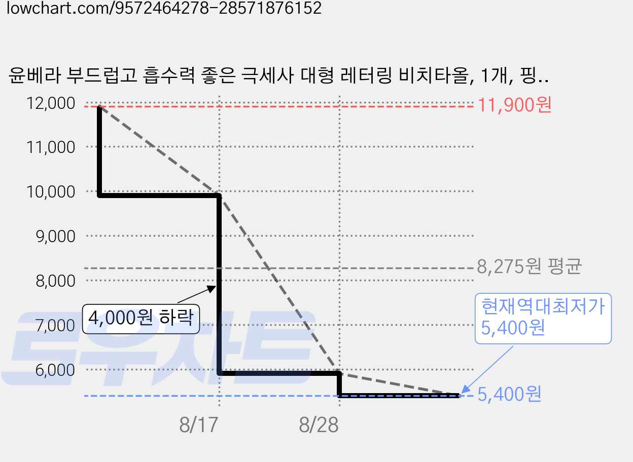 윤베라 부드럽고 흡수력 좋은 극세사 대형 레터링 비치타올, 1개, 핑크 가격 변동 차트, 현재가 5,400원, 역대최저가