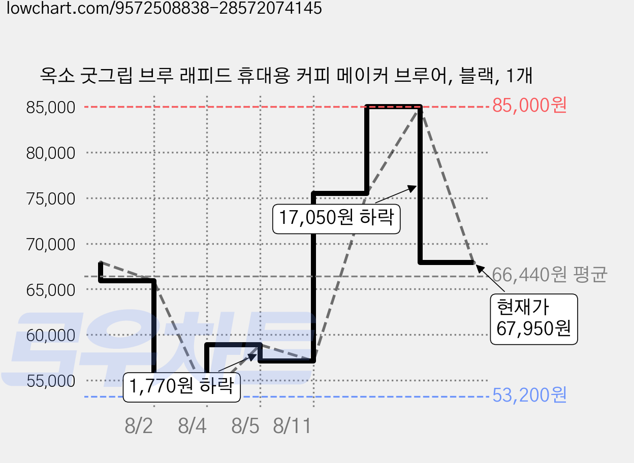옥소 굿그립 브루 래피드 휴대용 커피 메이커 브루어, 블랙, 1개 가격 변동 차트, 현재가 67,950원, 관측 최저가 53,200원