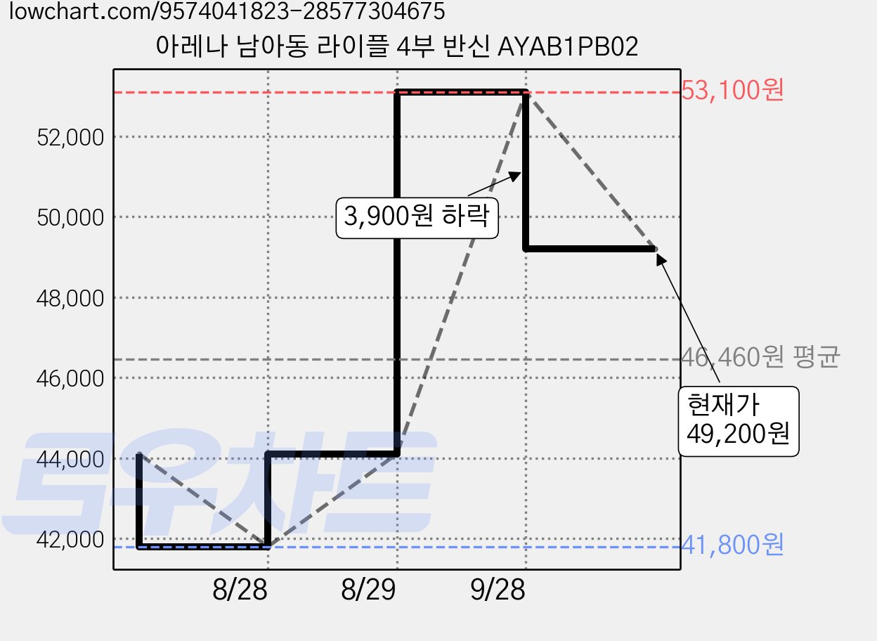 아레나 남아동 라이플 4부 반신 AYAB1PB02 가격 변동 차트, 현재가 49,200원, 관측 최저가 41,800원
