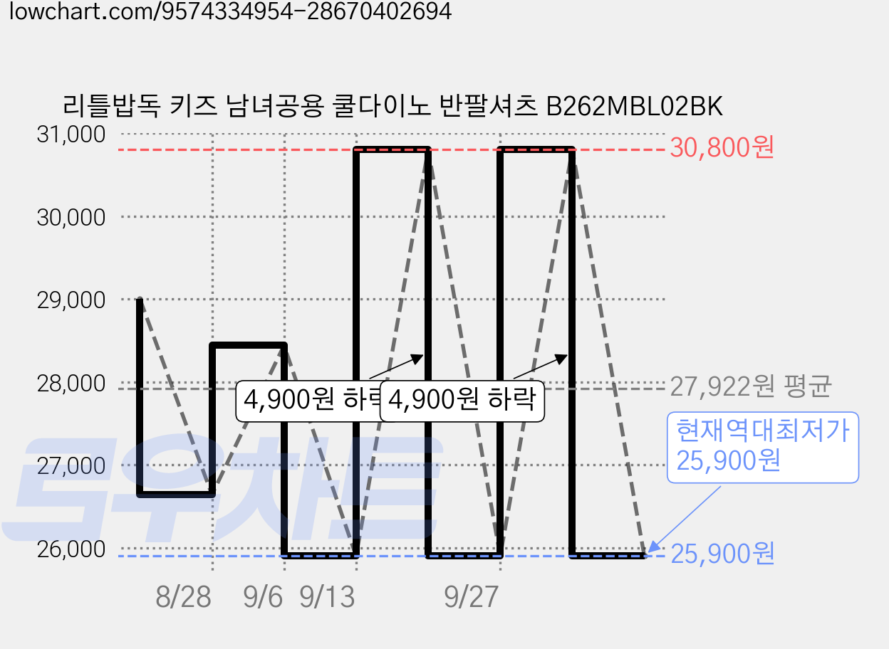 리틀밥독 키즈 남녀공용 쿨다이노 반팔셔츠 B262MBL02BK 가격 변동 차트, 현재가 25,900원, 역대최저가