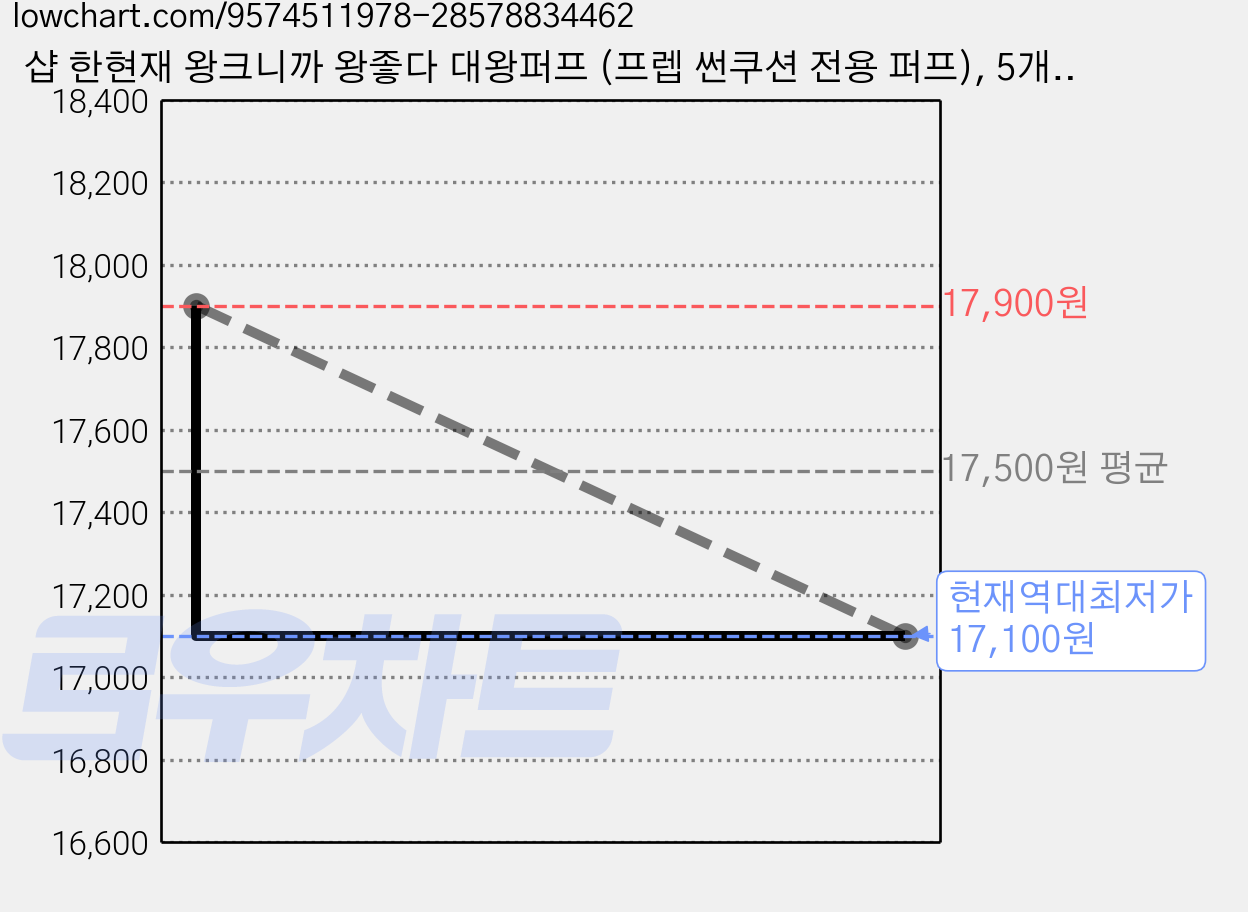 샵 한현재 왕크니까 왕좋다 대왕퍼프 (프렙 썬쿠션 전용 퍼프), 5개, 대왕퍼프(개별포장) 가격 변동 차트, 현재가 17,100원, 역대최저가