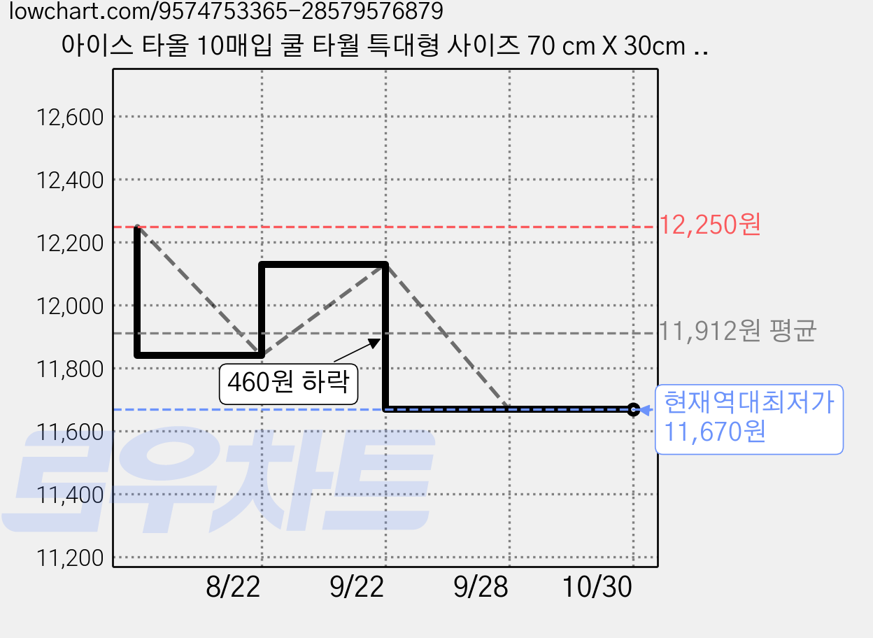 아이스 타올 10매입 쿨 타월 특대형 사이즈 70 cm X 30cm 넥벤드 넥쿨러 쿨링 아이스 땀 수건 휴대용 스포츠 스카프, 1세트, 흰색 가격 변동 차트, 현재가 11,670원, 역대최저가