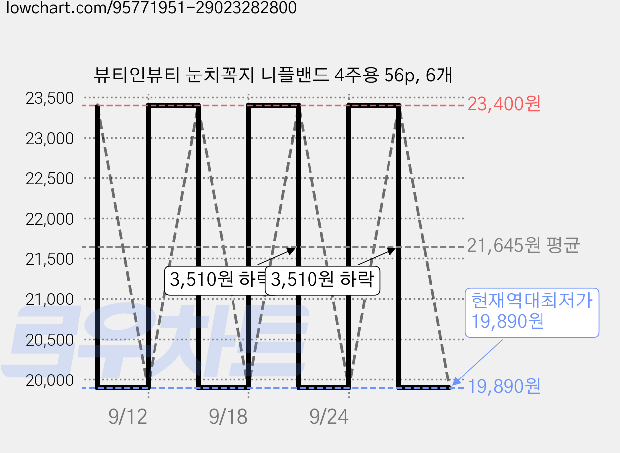 뷰티인뷰티 눈치꼭지 니플밴드 4주용 56p, 6개 가격 변동 차트, 현재가 19,890원, 역대최저가