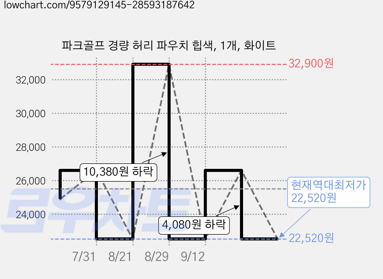 파크골프 경량 허리 파우치 힙색, 1개, 화이트 가격 변동 차트, 현재가 22,520원, 역대최저가