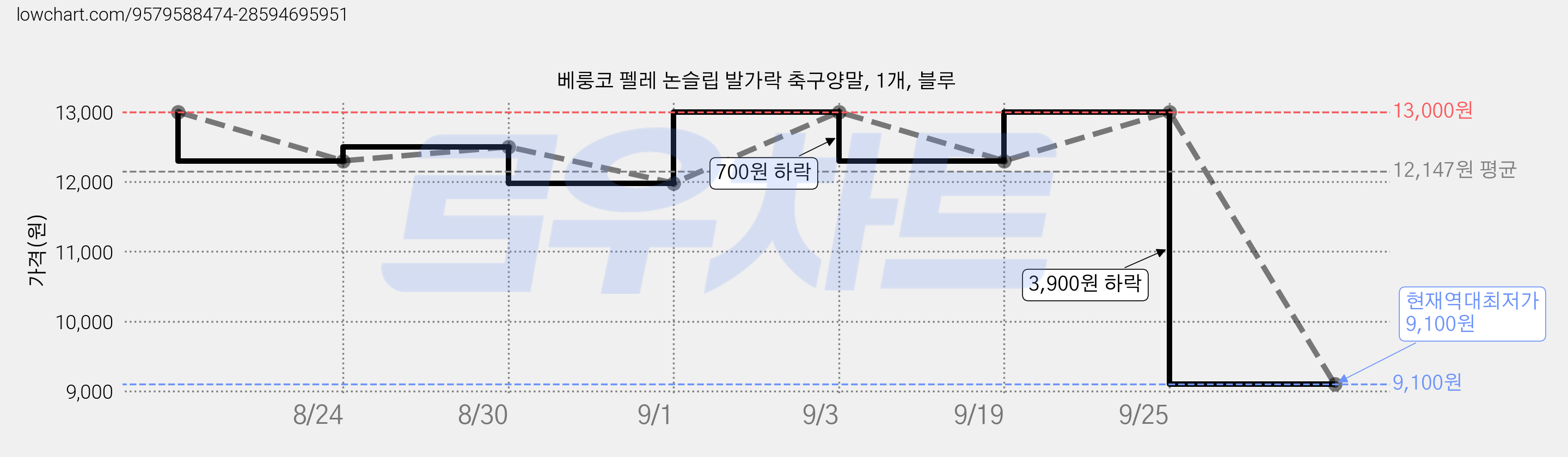 베룽코 펠레 논슬립 발가락 축구양말, 1개, 블루 가격 변동 차트, 현재가 9,100원, 역대최저가