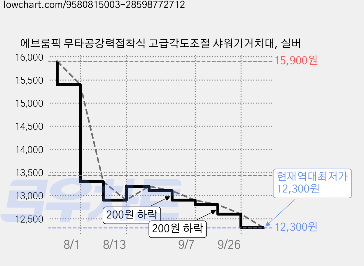 에브룸픽 무타공강력접착식 고급각도조절 샤워기거치대, 실버 가격 변동 차트, 현재가 12,300원, 역대최저가