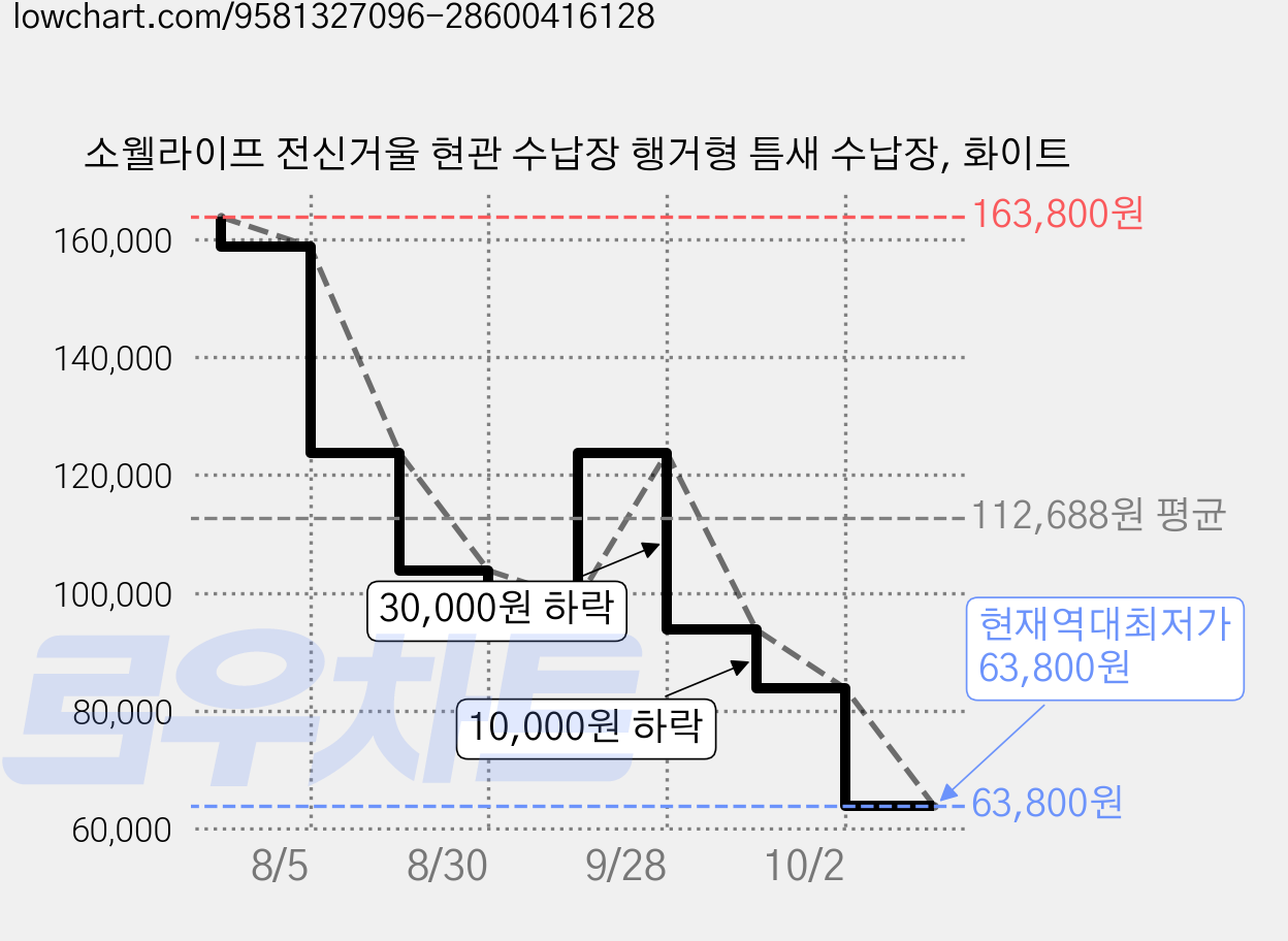 소웰라이프 전신거울 현관 수납장 행거형 틈새 수납장, 화이트 가격 변동 차트, 현재가 63,800원, 역대최저가