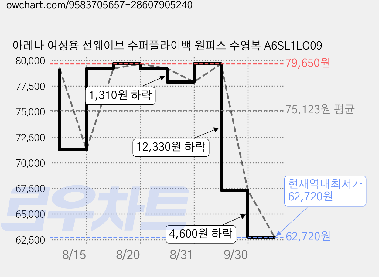 아레나 여성용 선웨이브 수퍼플라이백 원피스 수영복 A6SL1LO09 가격 변동 차트, 현재가 62,720원, 역대최저가