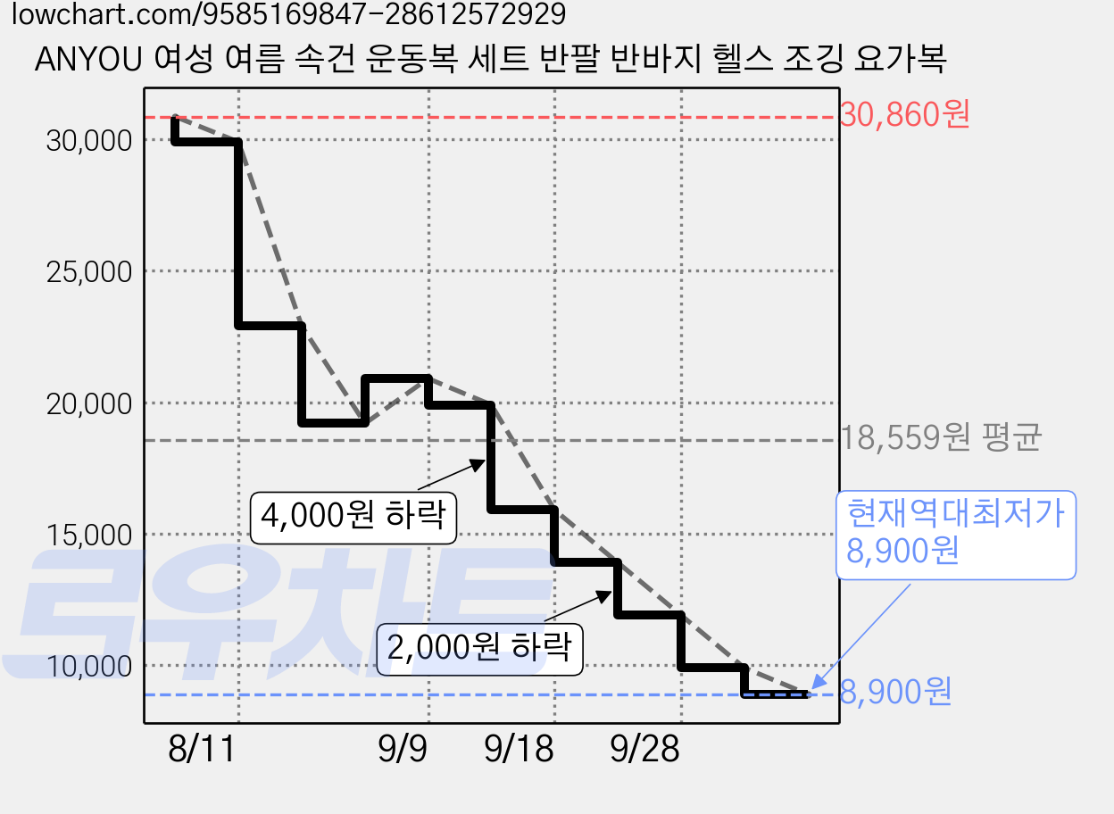 ANYOU 여성 여름 속건 운동복 세트 반팔 반바지 헬스 조깅 요가복 가격 변동 차트, 현재가 8,900원, 역대최저가