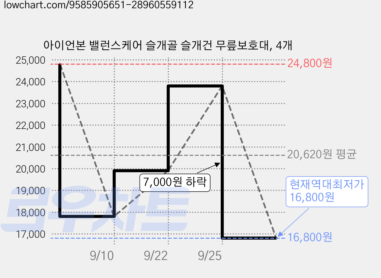 아이언본 밸런스케어 슬개골 슬개건 무릎보호대, 4개 가격 변동 차트, 현재가 16,800원, 역대최저가