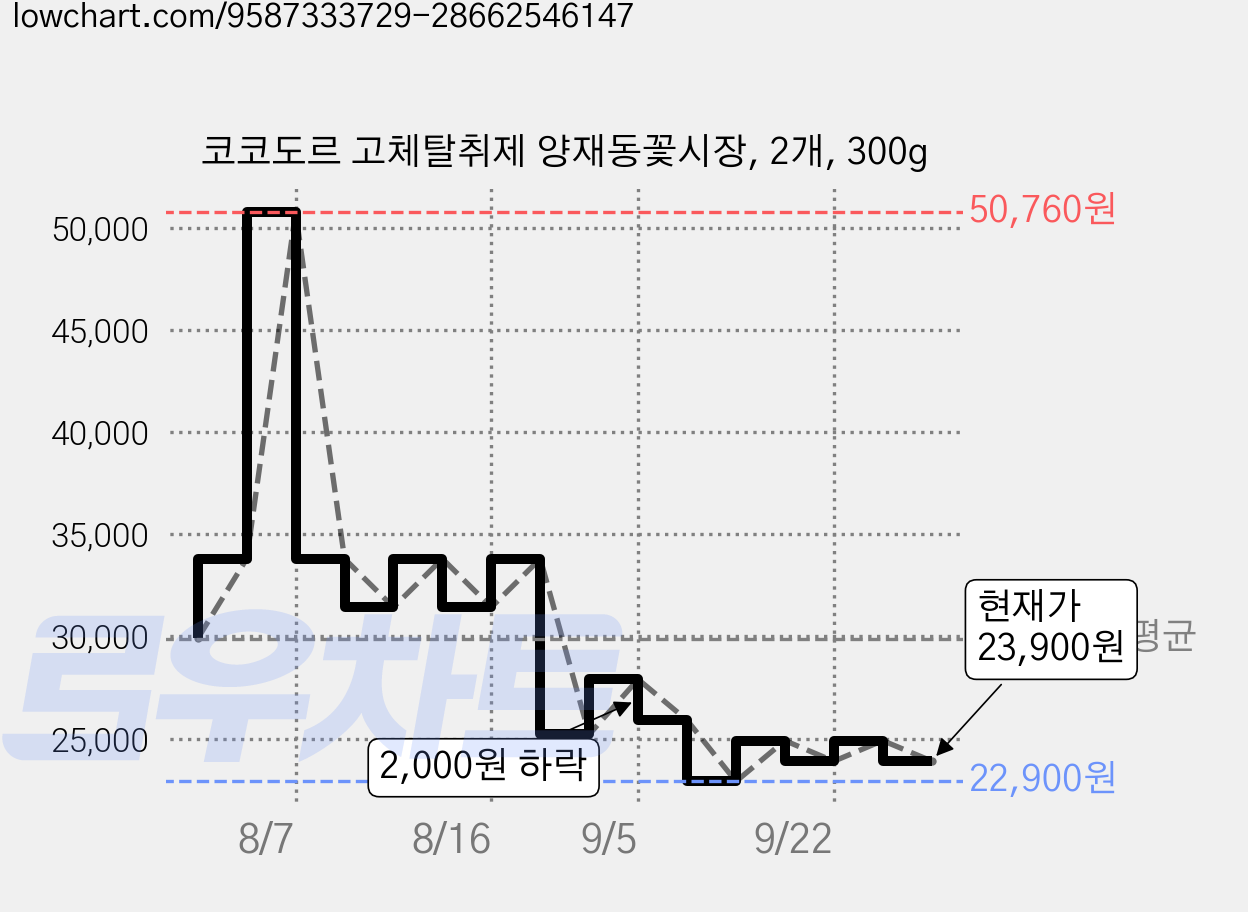 코코도르 고체탈취제 양재동꽃시장, 2개, 300g 가격 변동 차트, 현재가 23,900원, 관측 최저가 22,900원