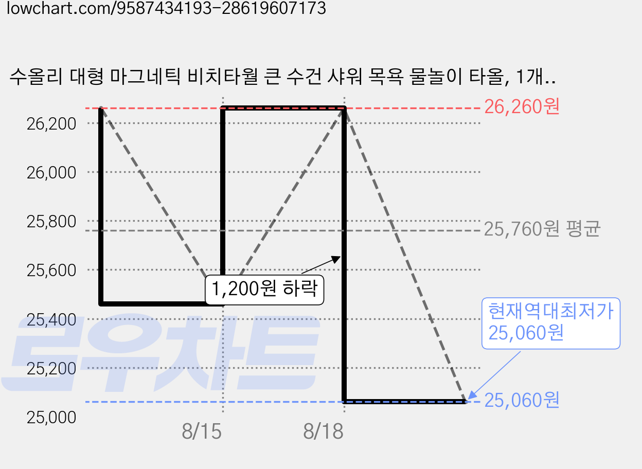 수올리 대형 마그네틱 비치타월 큰 수건 샤워 목욕 물놀이 타올, 1개, 선셋 오렌지 가격 변동 차트, 현재가 25,060원, 역대최저가